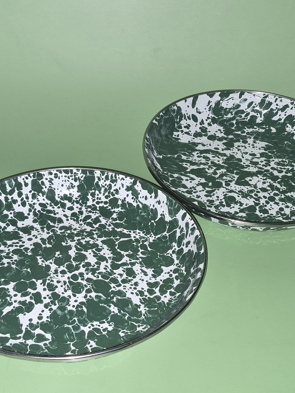 Golden Rabbit Green Splatter Enamelware Dinner Plates